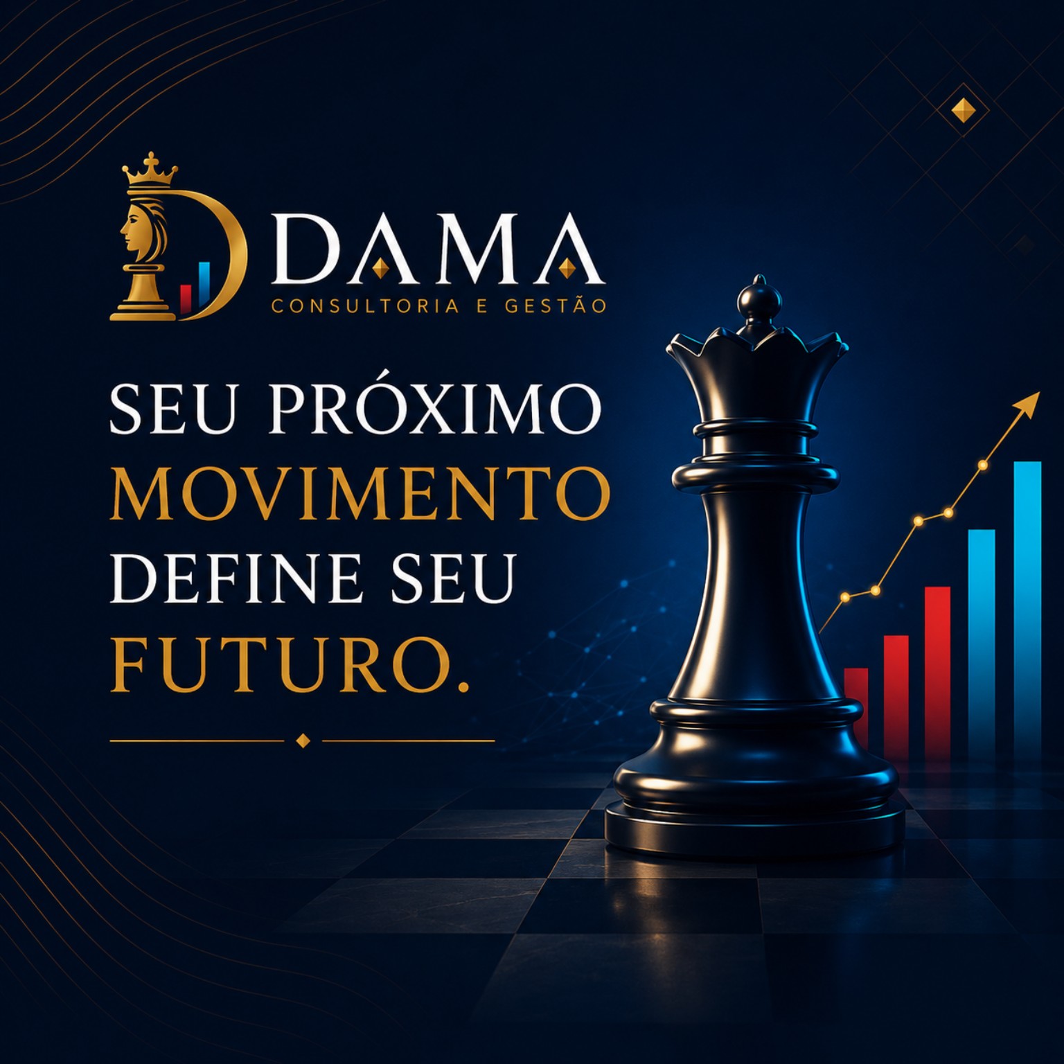 Peça da dama em tabuleiro com elementos de crescimento e a frase Seu próximo movimento define seu futuro.